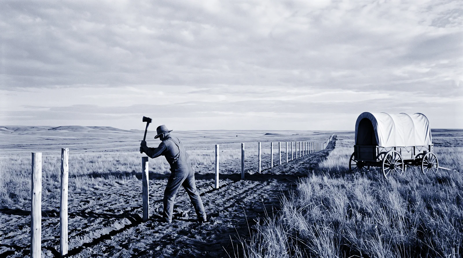 Homesteader driving a claim stake into open prairie beside a covered wagon, a new fence line running to the horizon