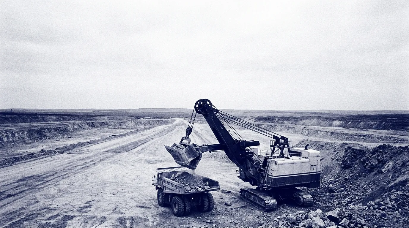 Excavator loading a haul truck in a quarry